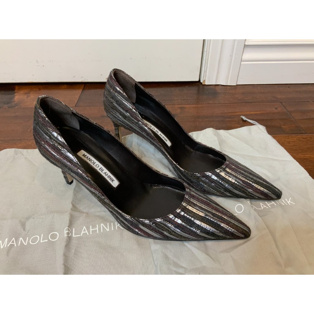 Manolo Blahnik Metallic Silver & Multicolor Striped Pump Heels Size 10 | 40